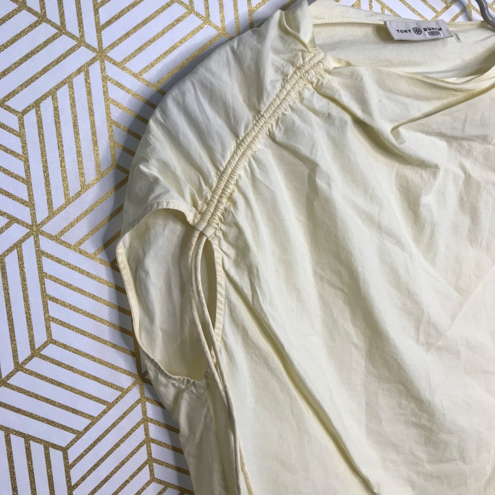 Tory Burch Womens Sleeveless Cotton Tee Size 0 Light Yellow Ruched Shoulder - Picture 3 of 9